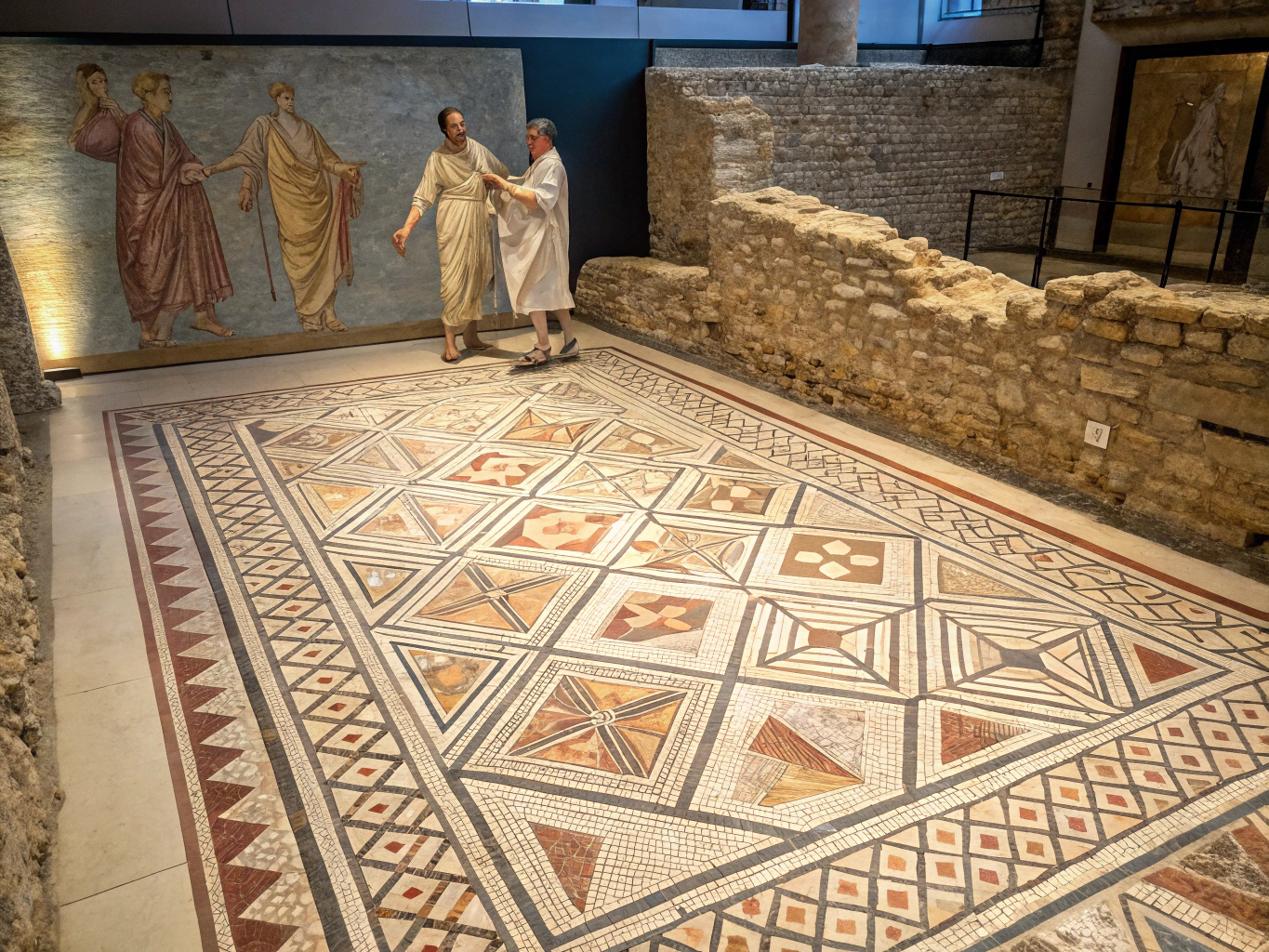 A muted Mediterranean-style mosaic pattern used as a map background, featuring earthy tiles and subtle color tones.
