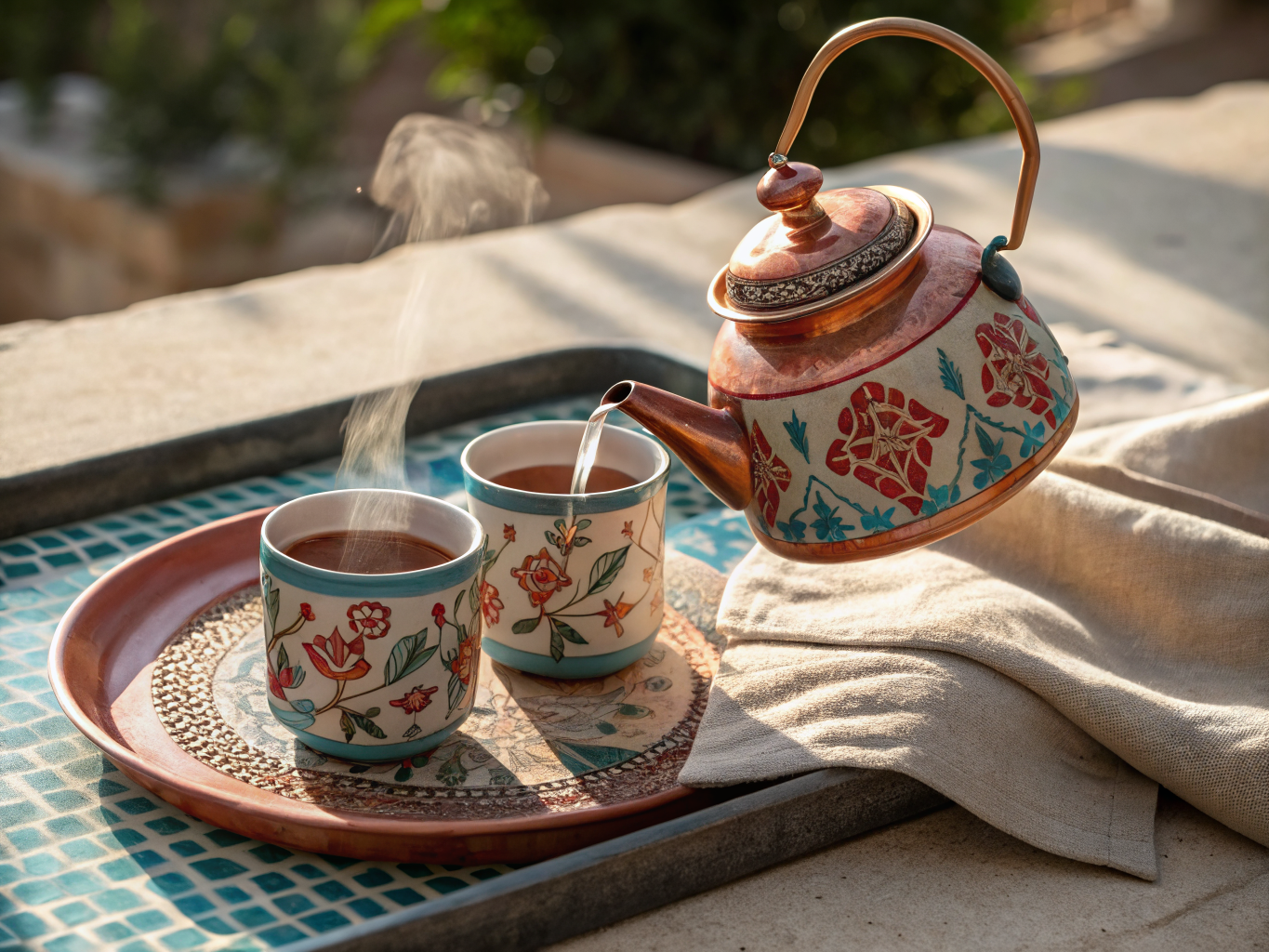 A warm still‑life of a Moroccan tea set showing a copper teapot, hand‑painted ceramic cups and gentle steam, rendered with earthy tones and a soft sand‑colored background that matches the brand’s Mediterranean aesthetic.